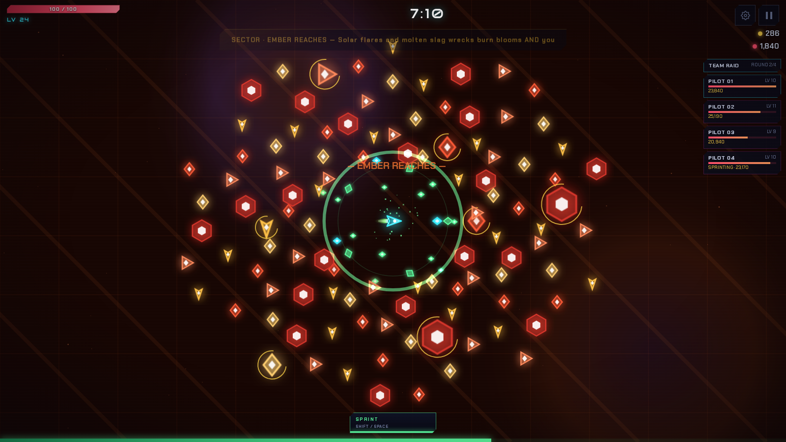 Voidbloom late-game run with many neon enemies surrounding a heavily upgraded light-ship.
