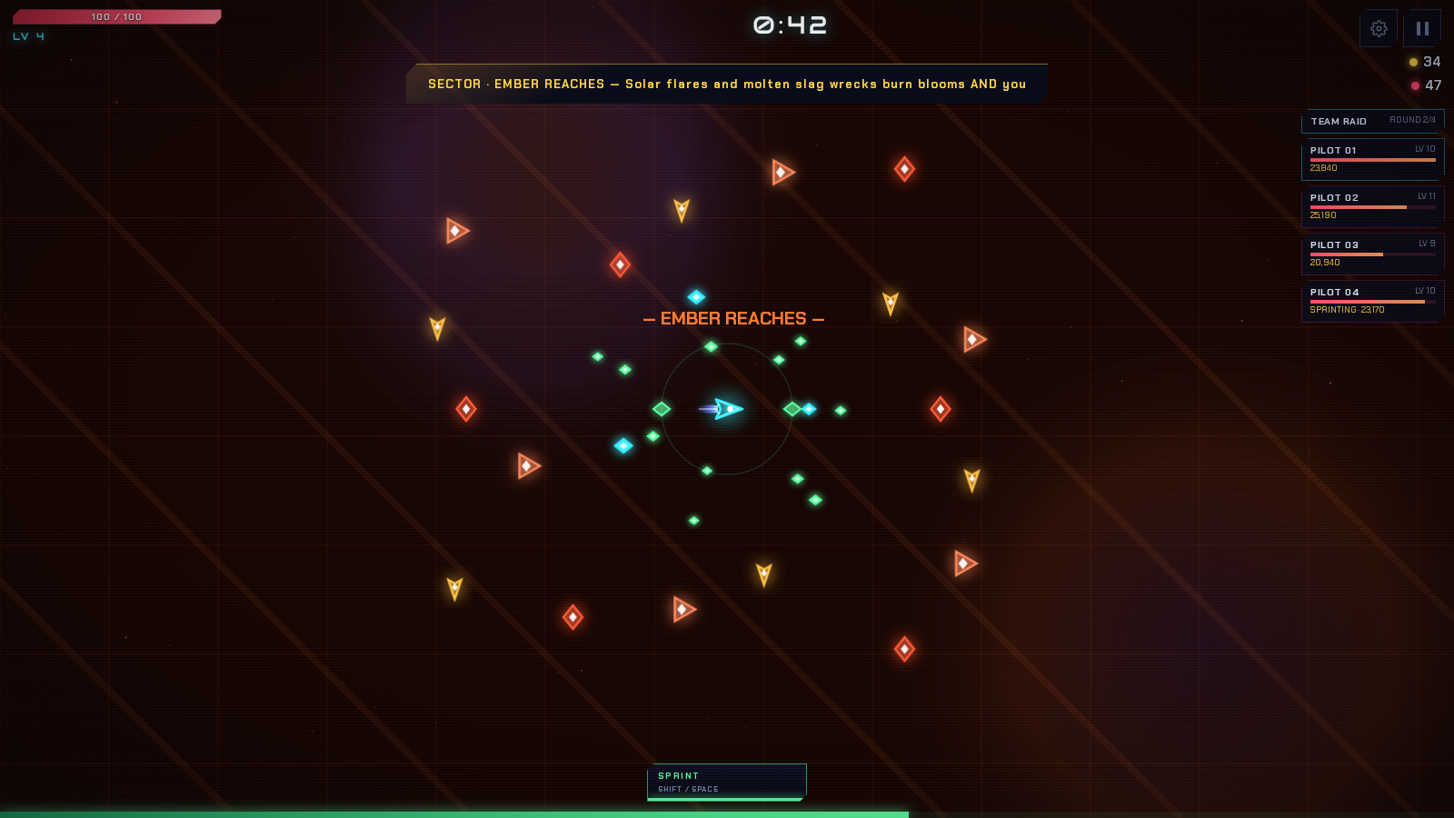 Voidbloom early-game run with a light-ship dodging neon blooms and collecting shards.