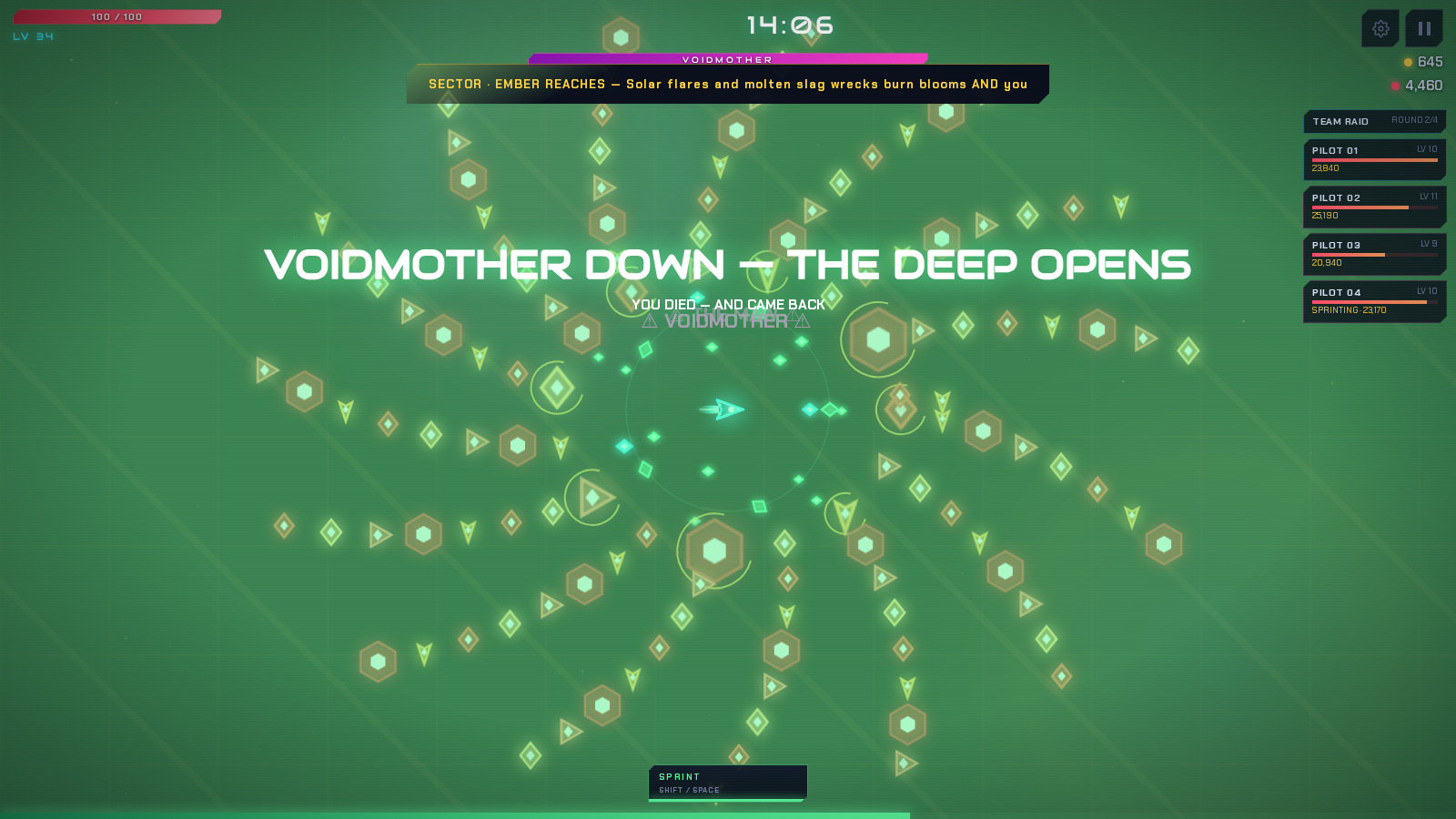 Voidbloom endless-mode gameplay after the VOIDMOTHER with a complete build and escalating swarm.