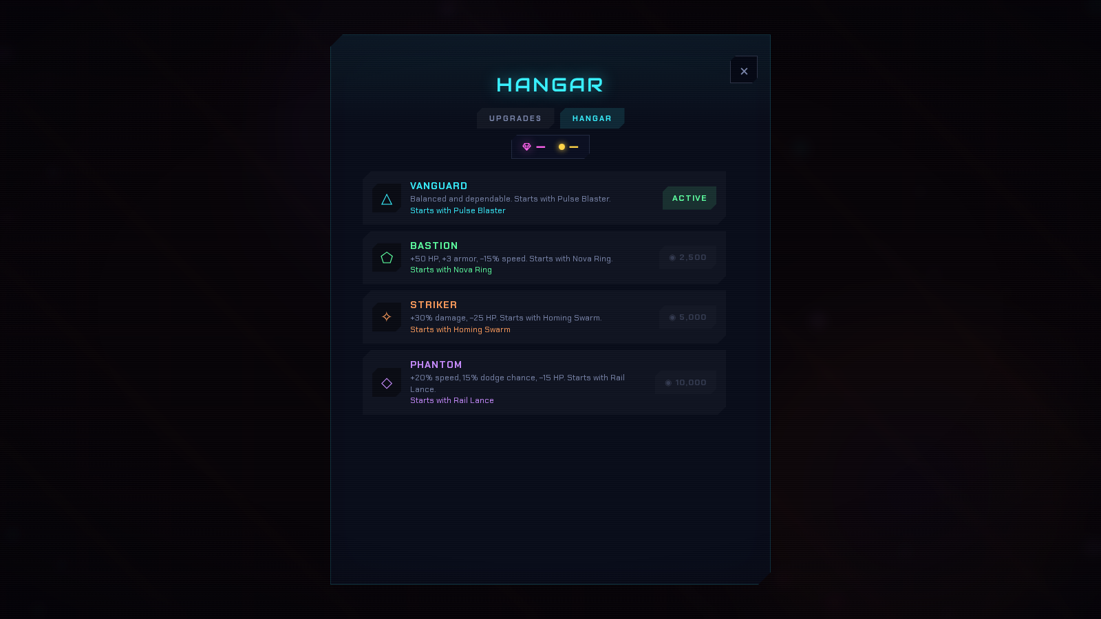 Voidbloom Hangar screen showing the available pilot vessels and their starting weapons.