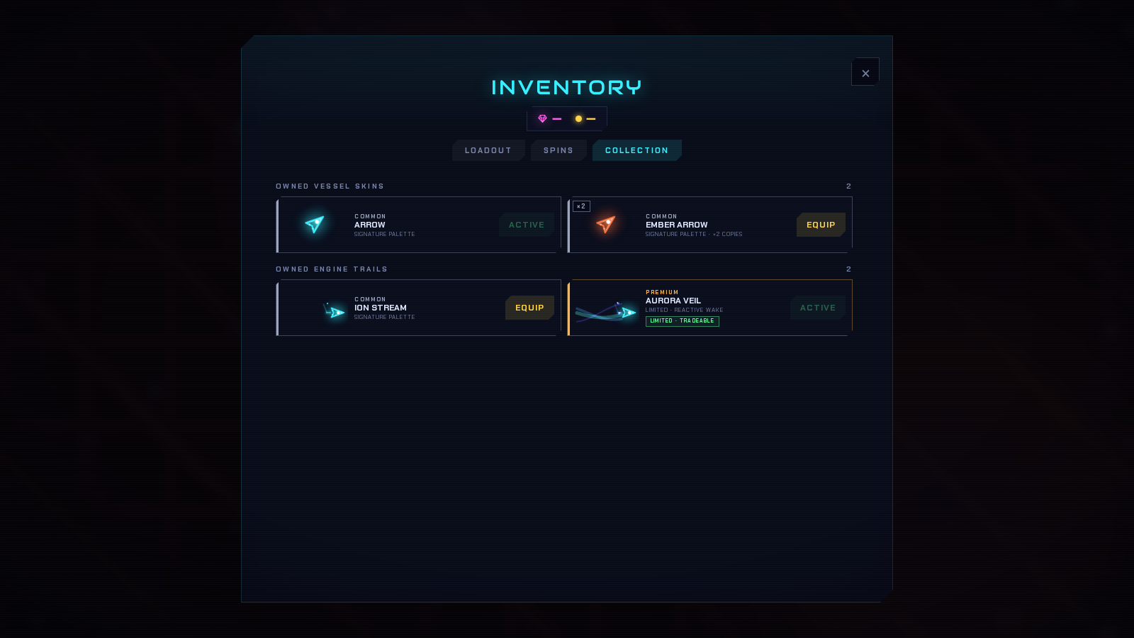 Voidbloom Inventory Collection screen with owned vessel skins and engine trails.