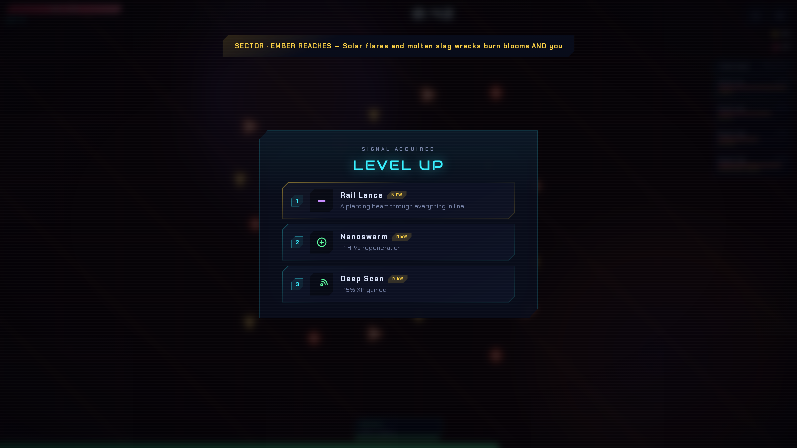 Voidbloom Level Up screen presenting three upgrade choices over paused gameplay.