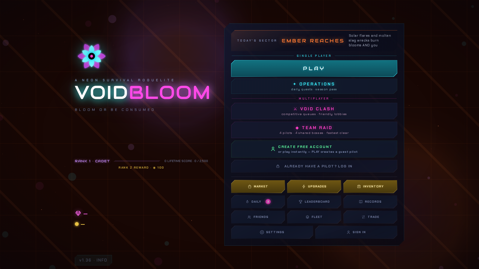 Voidbloom main menu with Play, Operations, Void Clash, Team Raid, Market, Upgrades and Inventory controls.