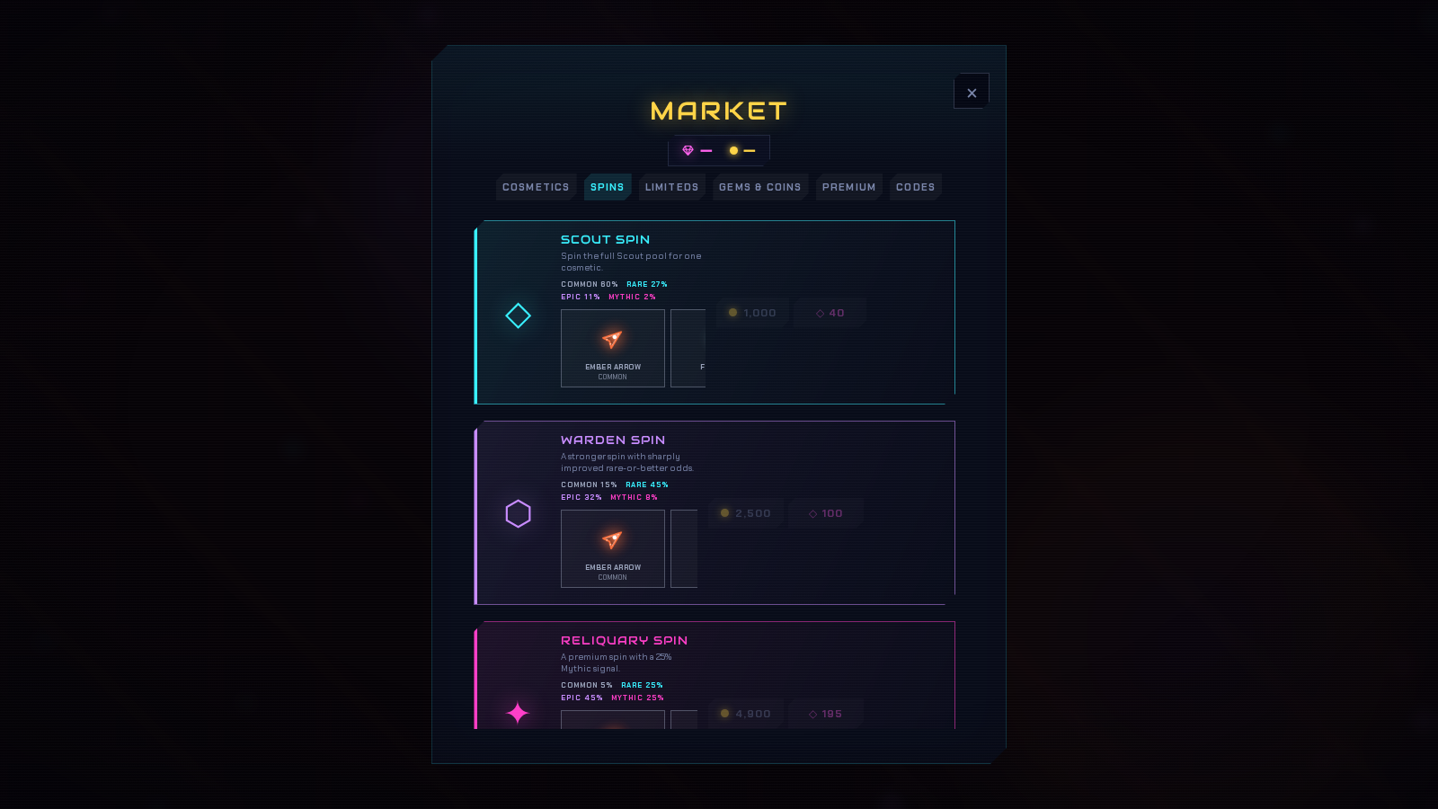 Voidbloom Market screen showing cosmetic spin crates, rarity odds and reward previews.