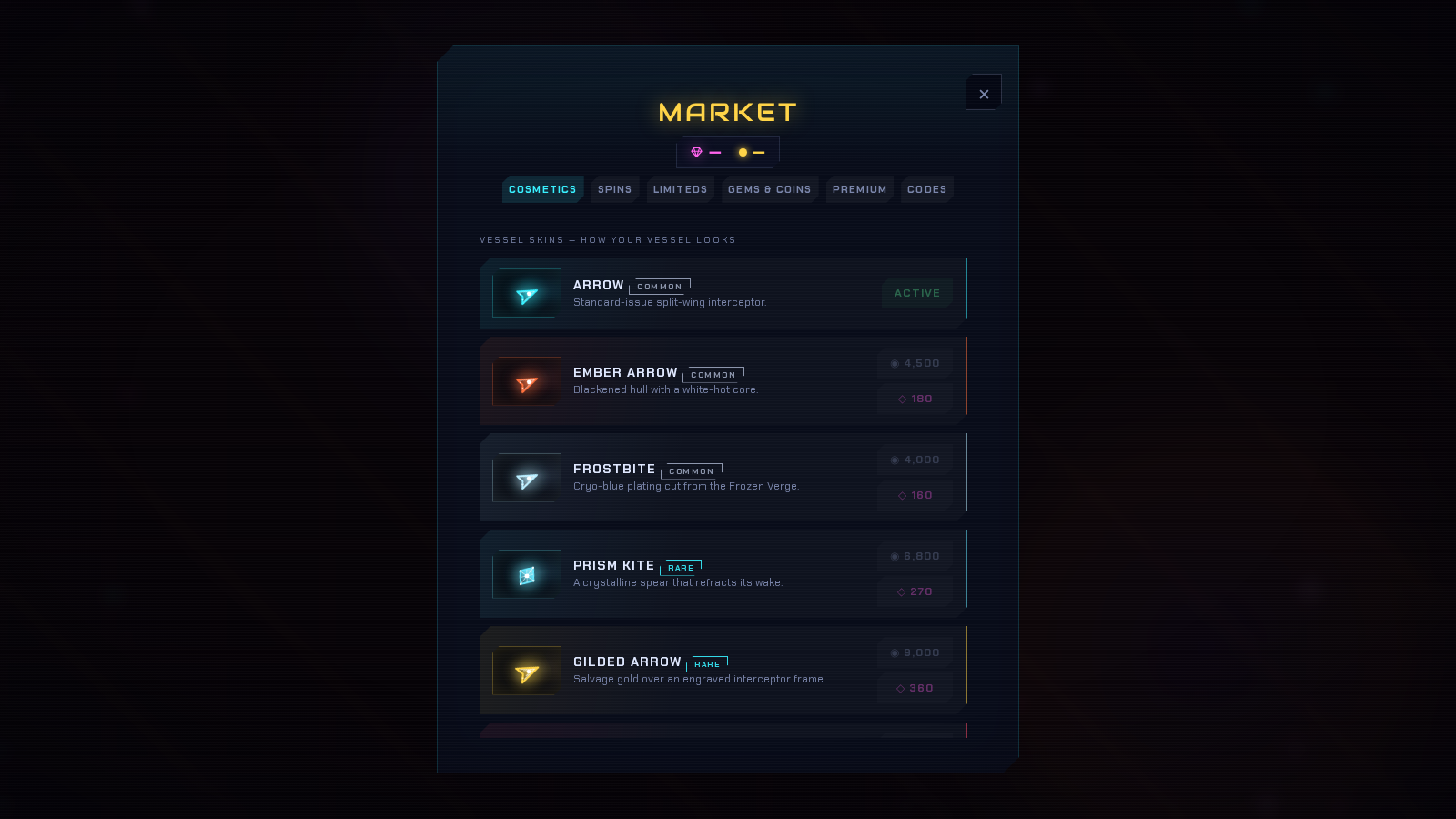 Voidbloom Market screen showing neon vessel skins and cosmetic rarity cards.
