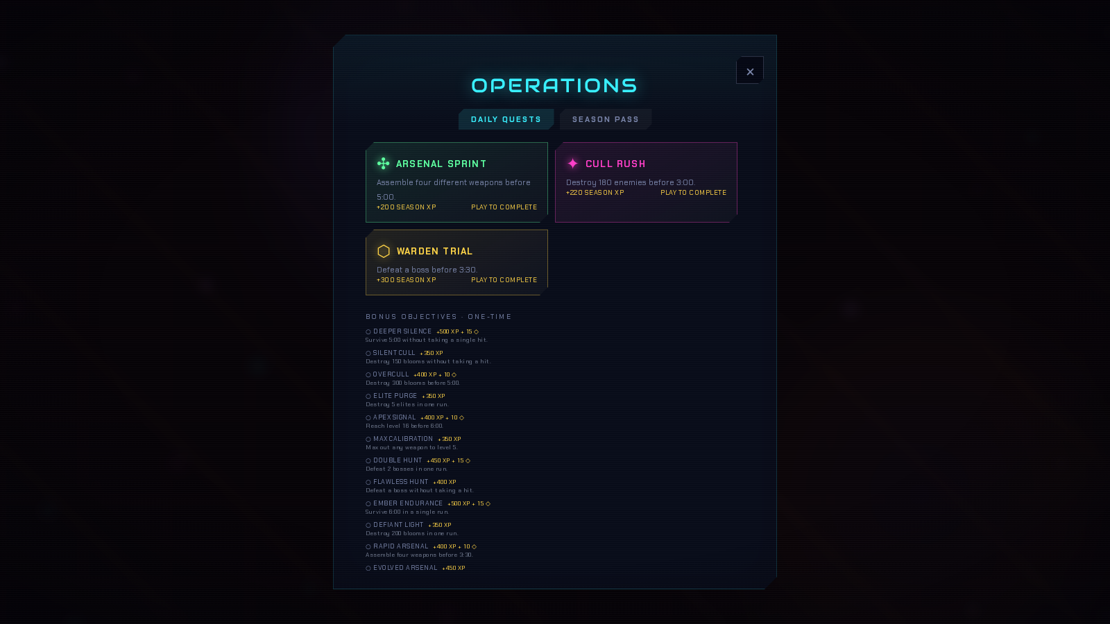 Voidbloom Operations screen showing three daily quests and bonus objectives.