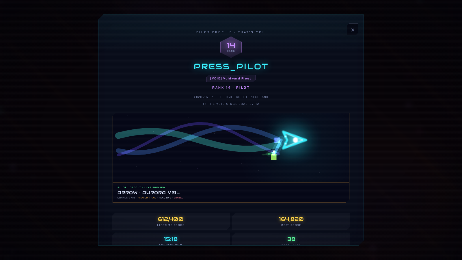Voidbloom pilot profile showing rank, lifetime records, Clash division, Fleet and cosmetic loadout.