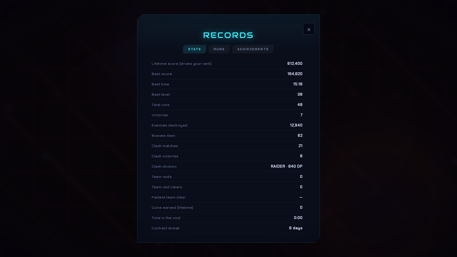 Voidbloom Records screen with personal statistics and achievement progress.