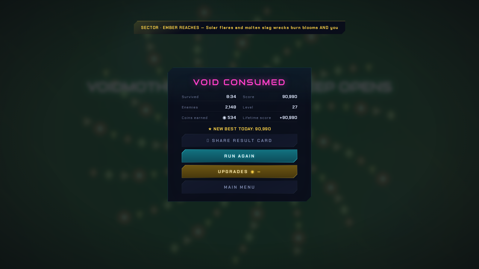 Voidbloom defeat results screen showing a detailed run summary and replay controls.