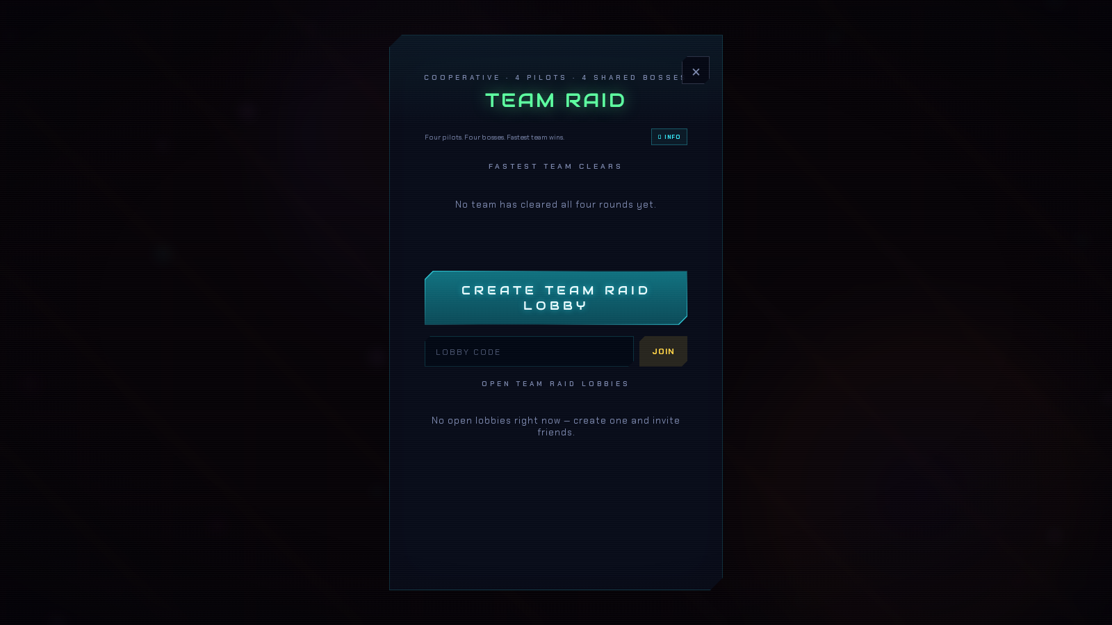 Voidbloom Team Raid browser describing four pilots, four shared bosses, lobby creation and fastest-clear rankings.