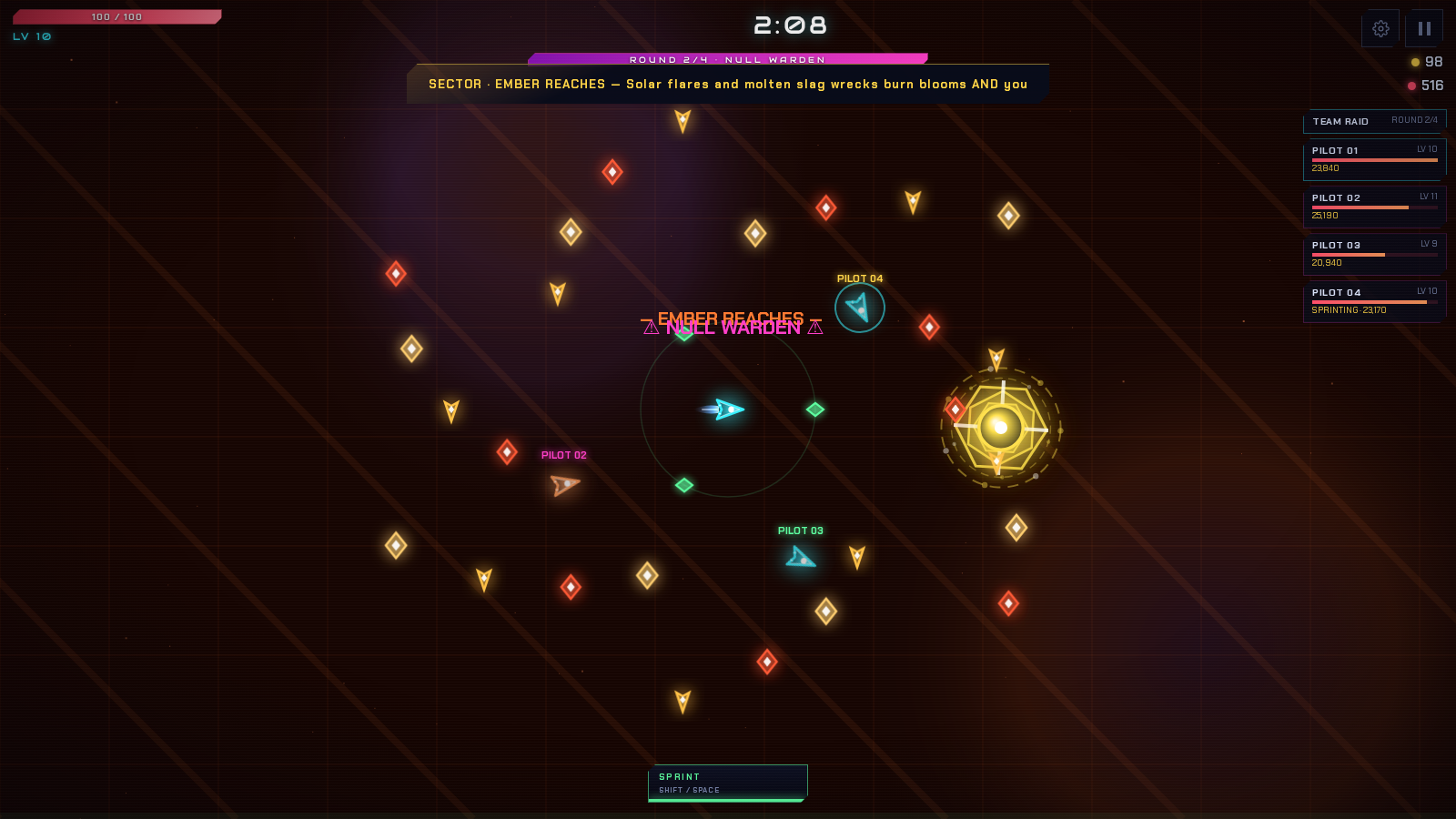 Voidbloom Team Raid gameplay with four light-ships, a shared boss and the cooperative team HUD.
