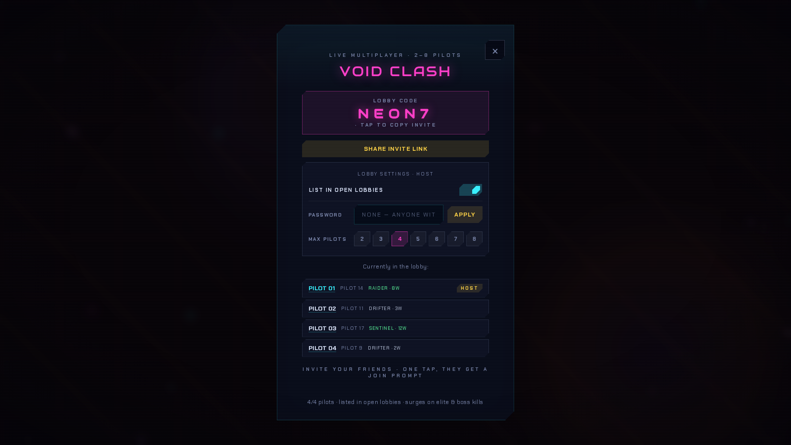 Voidbloom Void Clash friendly lobby showing four pilots, host controls and match settings.