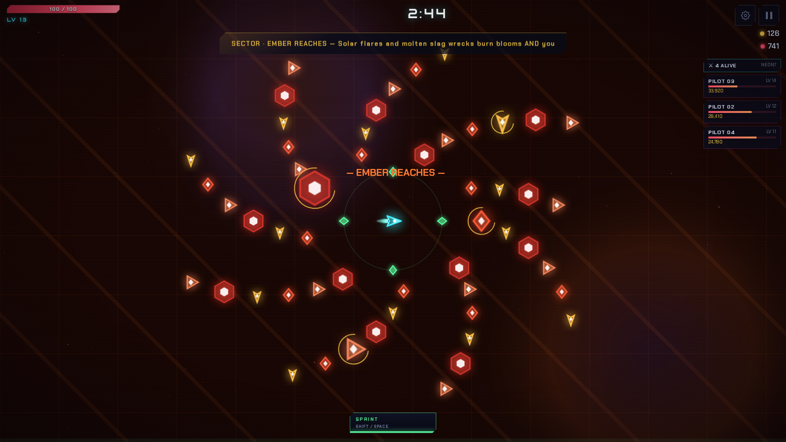 Voidbloom Void Clash gameplay with a dense neon swarm and a four-pilot live standings panel.