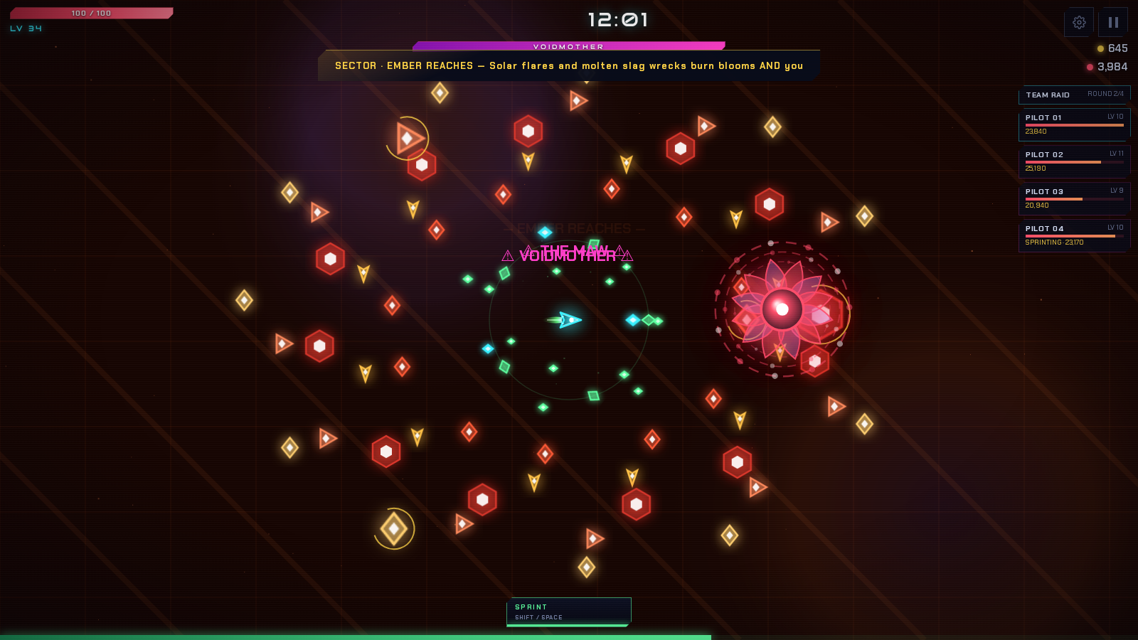 Voidbloom gameplay with the large VOIDMOTHER boss, its health bar and a surrounding neon swarm.