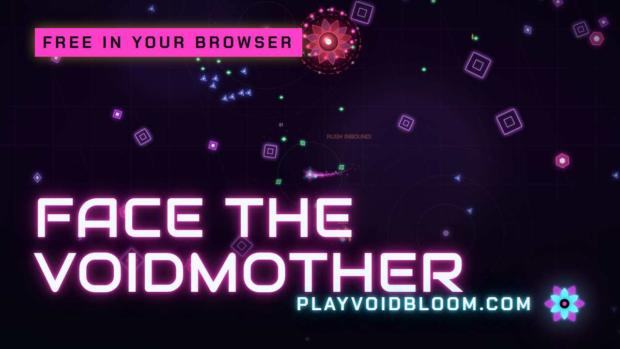 Voidbloom gameplay — a neon light-ship faces the Voidmother boss amid a dense swarm